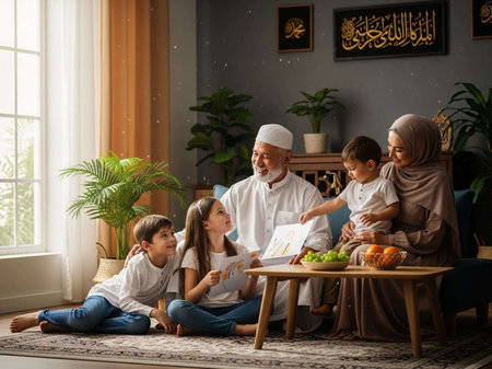 Muslim family reading quran together at home during Ramadan Kareem celebrationの写真素材