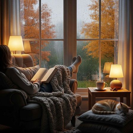 Woman reading book in armchair near window at home. Cozy atmosphereの写真素材