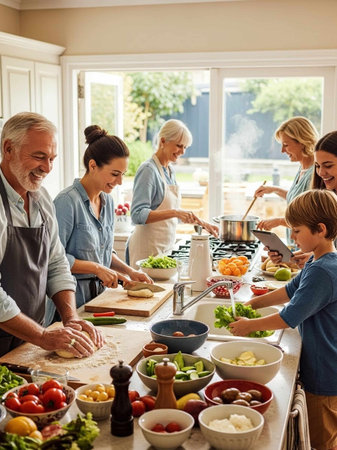 Happy family cooking together in the kitchen at home. Mother, father, son and grandmother are preparing food.の写真素材