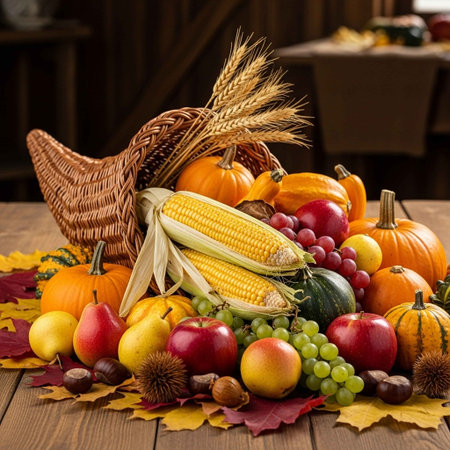 Autumn still life with pumpkins, corn on a wooden tableの写真素材