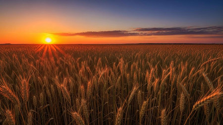 Sunset or sunrise in a wheat field with ears in the foreground.の写真素材