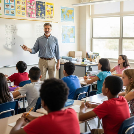 Portrait of teacher giving presentation to students in classroom at elementary schoolの写真素材