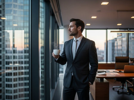 Handsome businessman holding cup of coffee and looking away in officeの写真素材