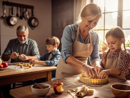 Cute little girl and her grandmother are baking together in the kitchen.の写真素材