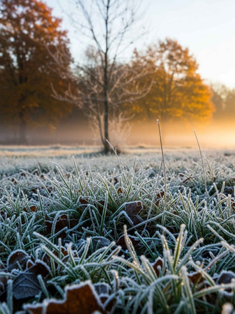 Frosty morning on the grass and trees. Autumn landscape.の写真素材
