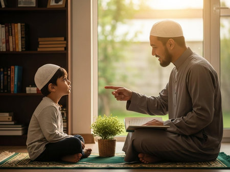 Muslim father and son reading Quran together at home. Muslim family concept.の写真素材