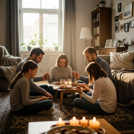 Family celebrating birthday together at home, sitting on the floor and eating cakeの写真素材