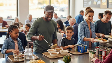 Portrait of a smiling boy and his family eating food in a cafeの写真素材