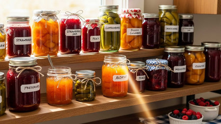 Jars with variety of preserved fruits and vegetables on shelf in supermarketの写真素材