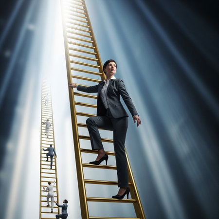 Businesswoman climbing a ladder and looking at the camera. Business conceptの写真素材
