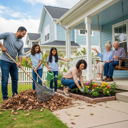Happy family gardening in front of their new house. They are sitting on the lawn with a rake.の写真素材