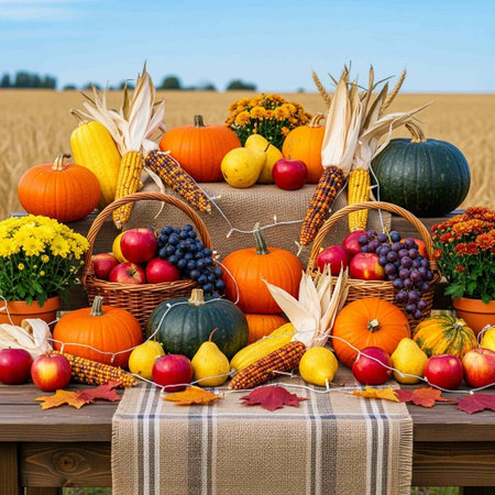 Autumn harvest in the countryside. Pumpkins, apples, grapes, corn and wheat on the table.の写真素材