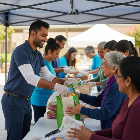 Front view of a diverse group of volunteers packing foodの写真素材