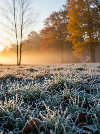 Frosty morning in the autumn park. Frost on the grass.の写真素材