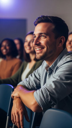 Portrait of smiling young man sitting in front of his friends and looking at cameraの写真素材