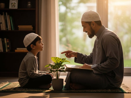 Muslim father teaching his son at homeの写真素材