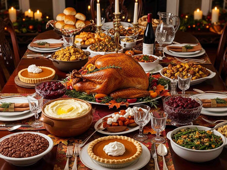 Traditional Christmas table dinner with roasted turkey, baked potatoes, cranberry sauce, candied fruit, olives and other dishesの写真素材