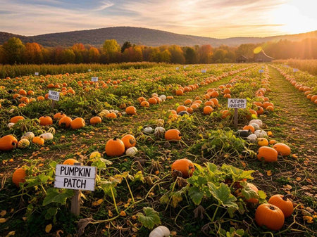 Pumpkin patch on sunny autumn day. Colorful autumn landscape.の写真素材
