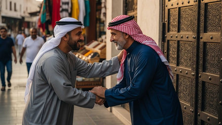 Two Arab businessmen shaking hands in the old city.の写真素材
