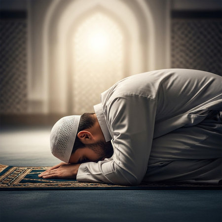 Young muslim man praying in the mosque. Ramadan Kareem backgroundの写真素材