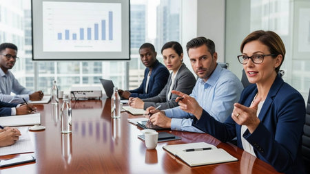 Group of business people sitting at table in conference room and working togetherの写真素材
