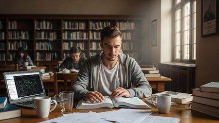 Young man studying in library. Student preparing for exam. Education conceptの写真素材