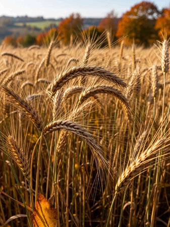 Golden ears of wheat on the background of the autumn landscape. Close-up.の写真素材