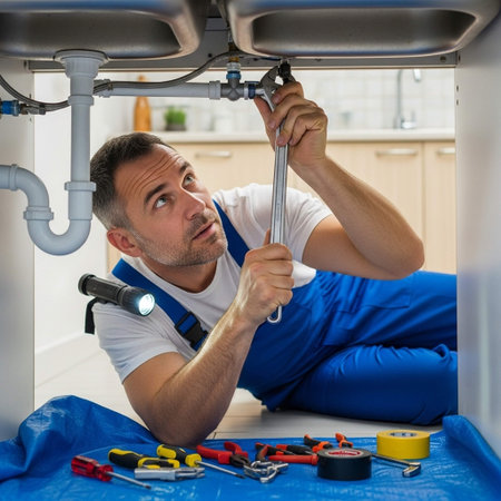 Plumber repairing a sink in the kitchen of a private house.の写真素材