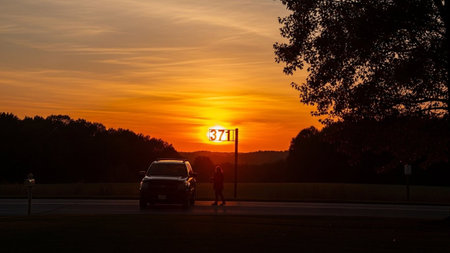 Sunset in the fall with a silhouette of a man and a carの写真素材
