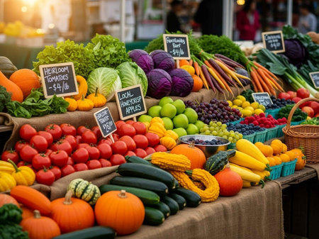 Vegetables and fruits at farmers market in Provence, Franceの写真素材