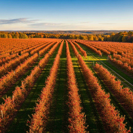 Aerial view of vineyard with rows of red and orange autumn treesの写真素材