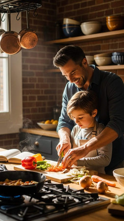 Happy father and son cooking together in the kitchen at home. The concept of a happy family.の写真素材