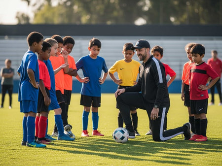 Group of children playing soccer on field during sunny day.の写真素材