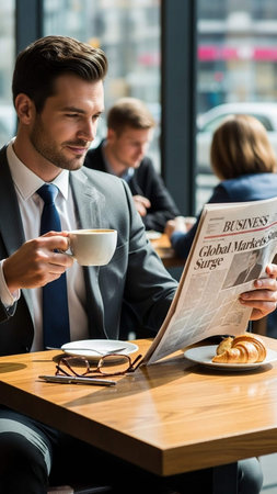 selective focus of smiling businessman drinking coffee and reading newspaper in cafeの写真素材