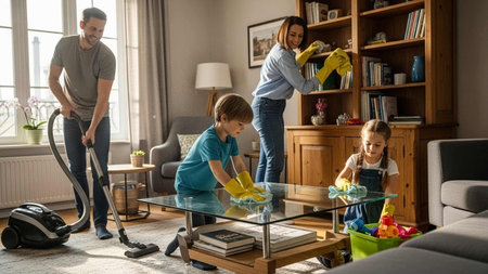Cute little girl and her parents cleaning the living room at homeの写真素材