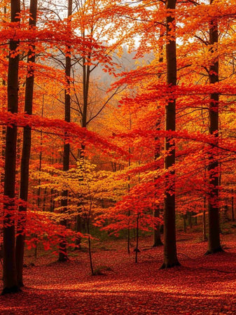 Autumn forest in the morning. Colorful trees in autumn forestの写真素材