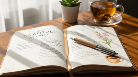 Open book with pen and cup of tea on wooden table at morning timeの写真素材