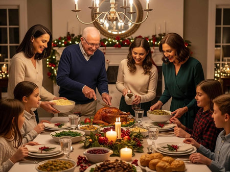 happy family with roasted turkey at christmas dinner party in living roomの写真素材