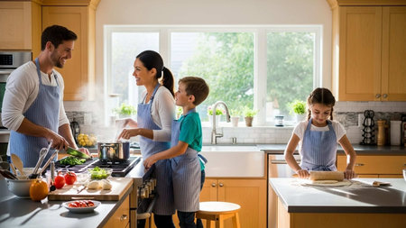 Happy family cooking together in the kitchen at home. Mother, father and children are preparing food.の写真素材