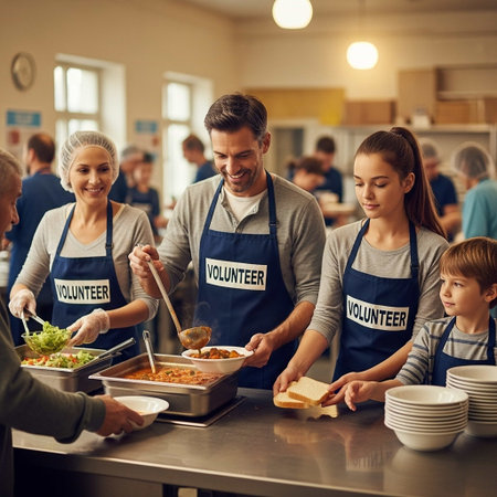 cooking class, profession, people and food concept - group of happy volunteers with food at restaurant kitchenの写真素材