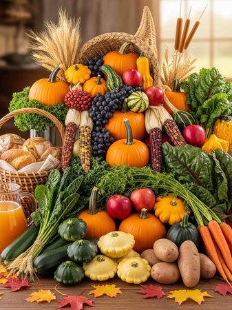 Autumn harvest of vegetables and fruits in wicker basket on wooden tableの写真素材