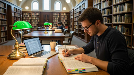 Young man studying in the library at the university. Education concept.の写真素材