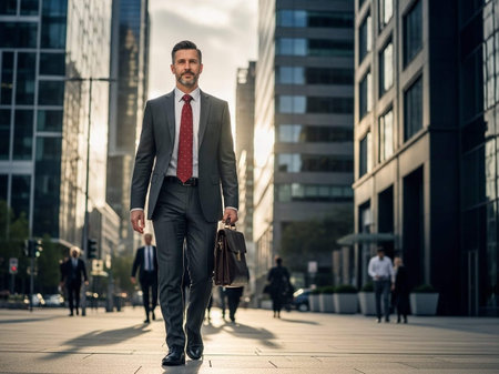 Portrait of a handsome businessman with briefcase walking in the cityの写真素材
