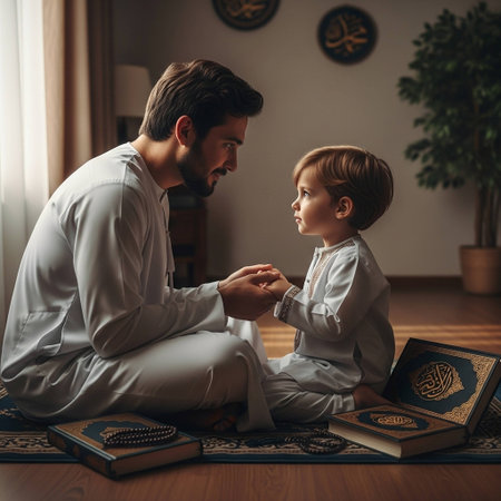 Father and son are praying together at home. Muslim family concept.の写真素材
