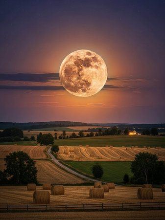 Full moon over the countryside at night. Landscape with hay bales.の写真素材