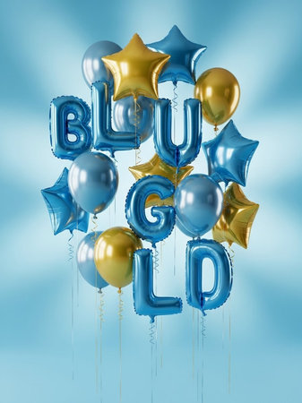 Blue and yellow balloons with the word BLUE GOLD. 3D renderingの写真素材