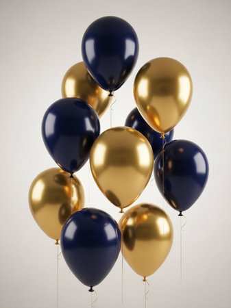3d rendering of a bunch of golden and blue balloons on white backgroundの写真素材