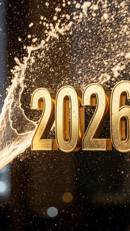 Happy New Year with water splashes and golden numbers on black backgroundの写真素材