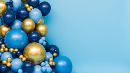 Christmas and New Year background with blue and gold balls and beads on blue backgroundの写真素材