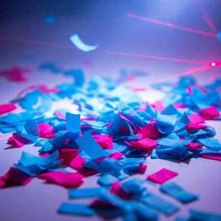 Colorful confetti on blue background. Festive background with confetti.の写真素材